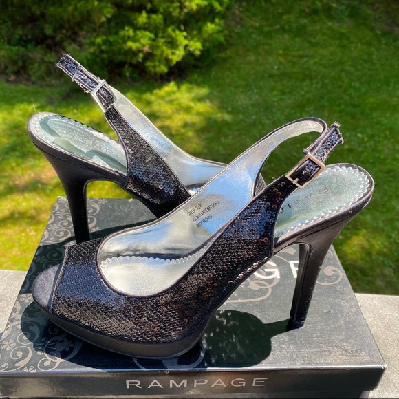 NEW nwt Rampage Black Sequin Heels 9.5 Peep Open Toe Platform glitter sparkle - Picture 6 of 9